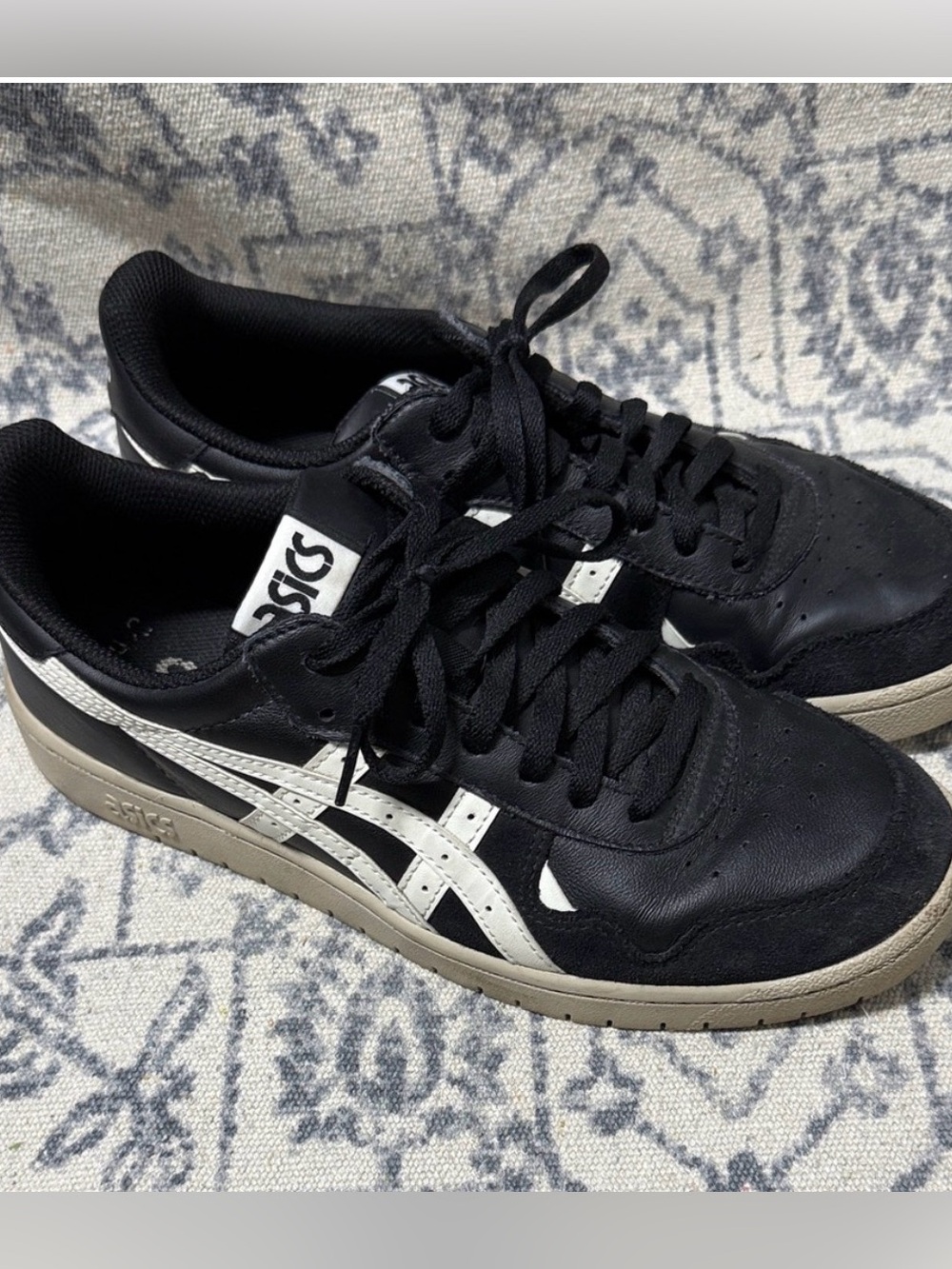 ASICS Black Sneakers with White Stripes and Tan Sole